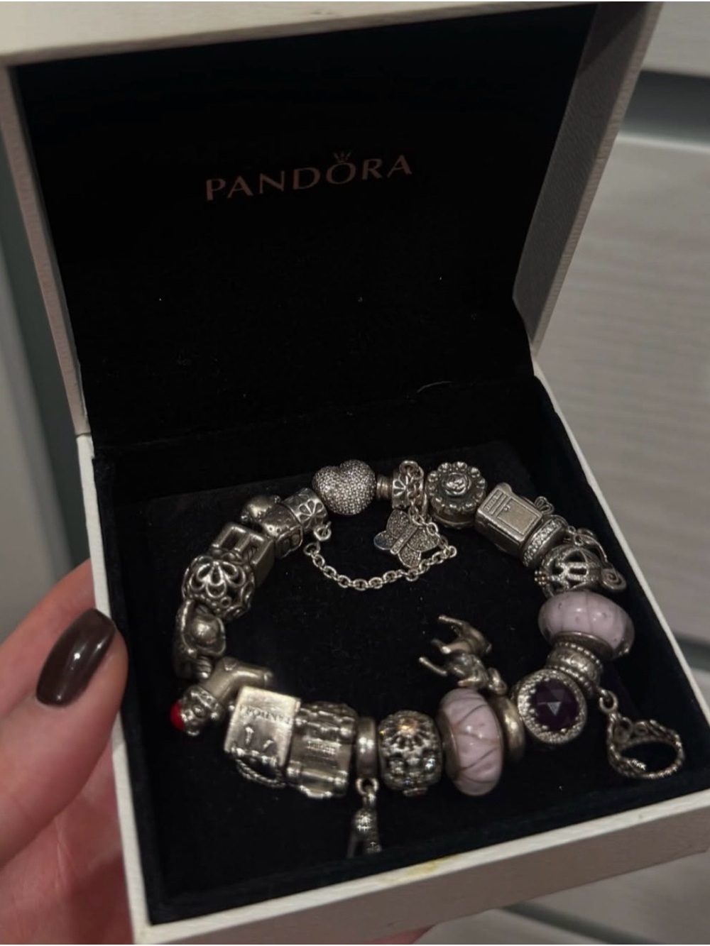 Pandora Silver Charm Bracelet with Pink and Purple Accents